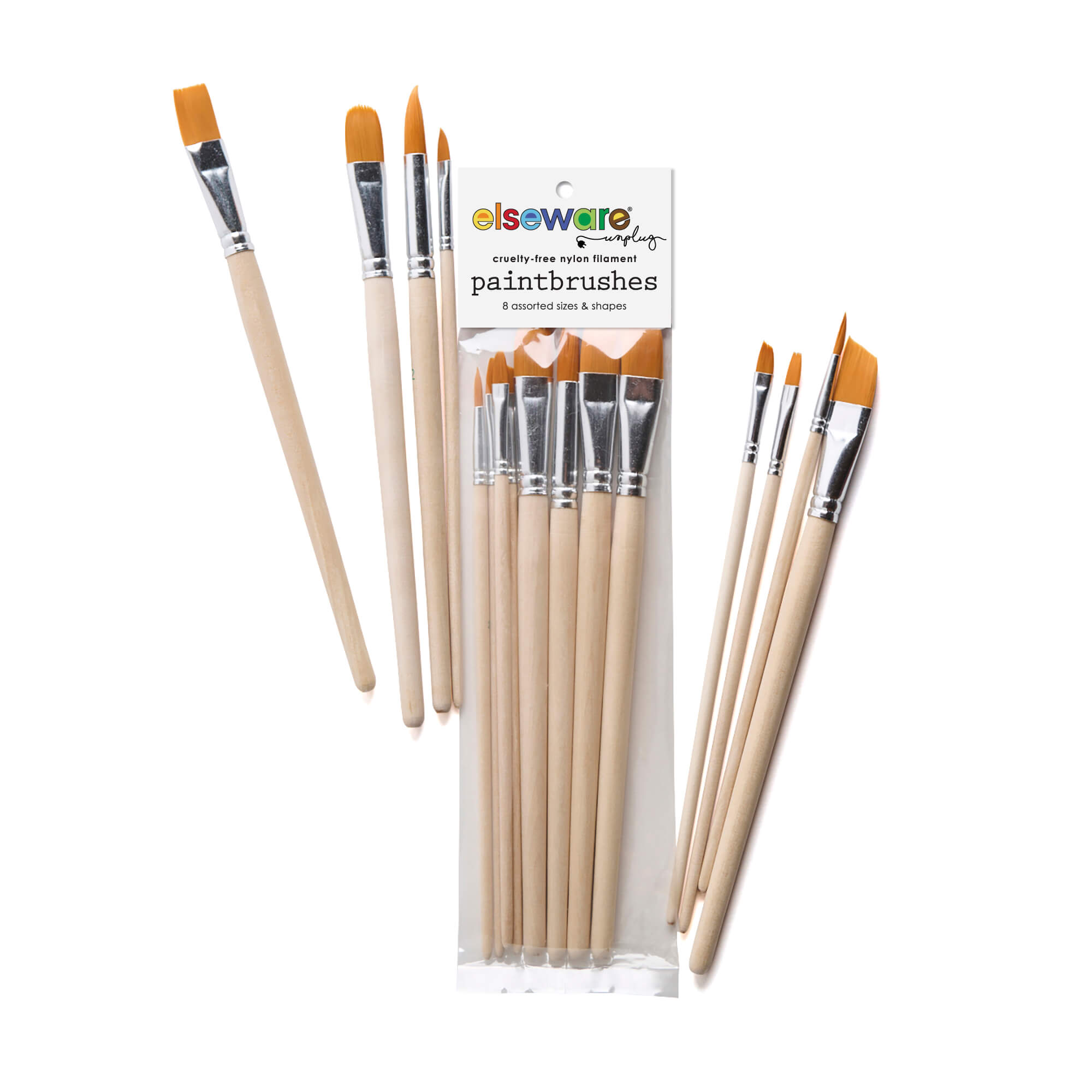 Set of paintbrushes with packaging labeled 'elsewhere' on a white background