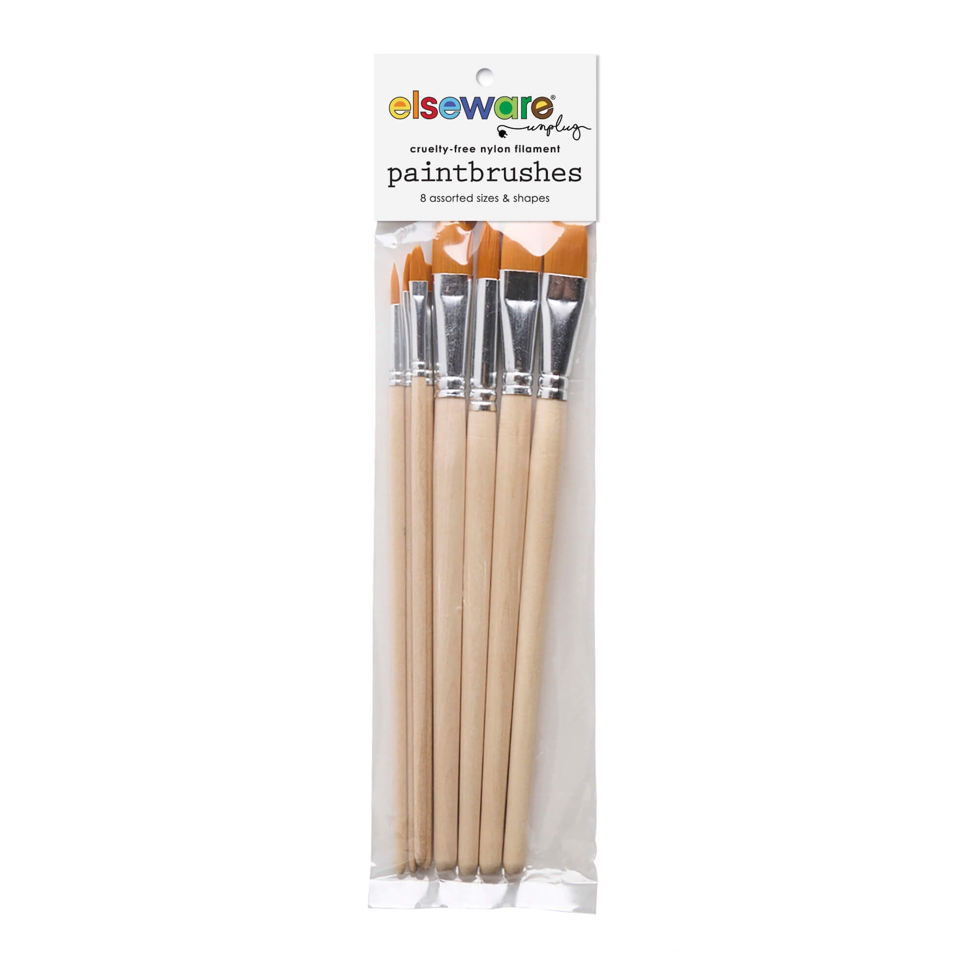 Pack of paintbrushes with a clear plastic sleeve on a white background