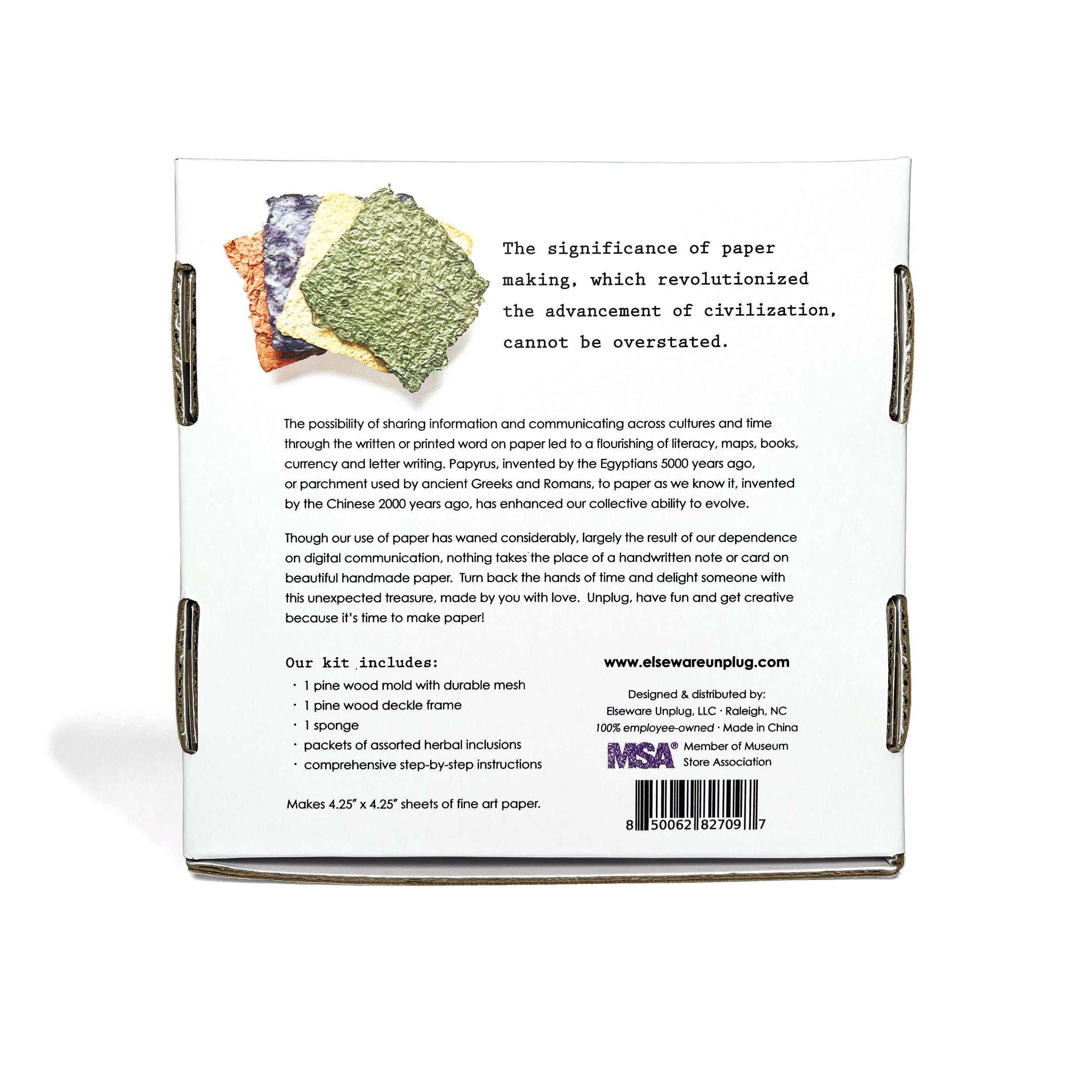 Back of a paper-making kit packaging with text and images of paper samples.