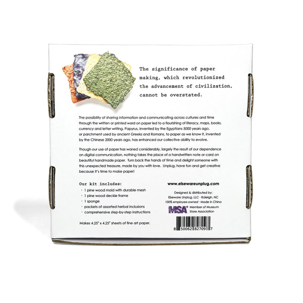 Back of a paper-making kit packaging with text and images of paper samples.