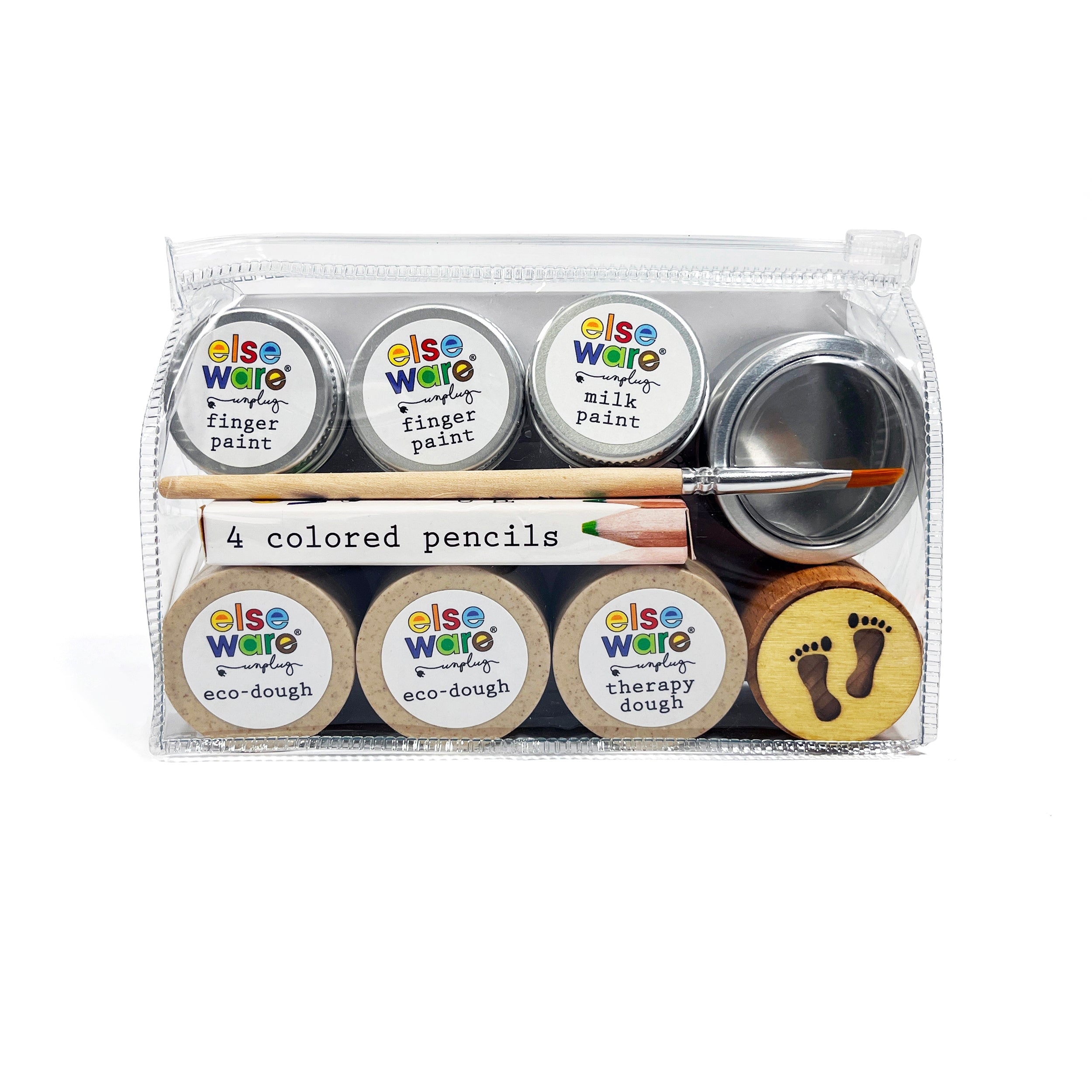 Set of art supplies including colored pencils, paint pots, and dough containers in a clear packaging on a white background.