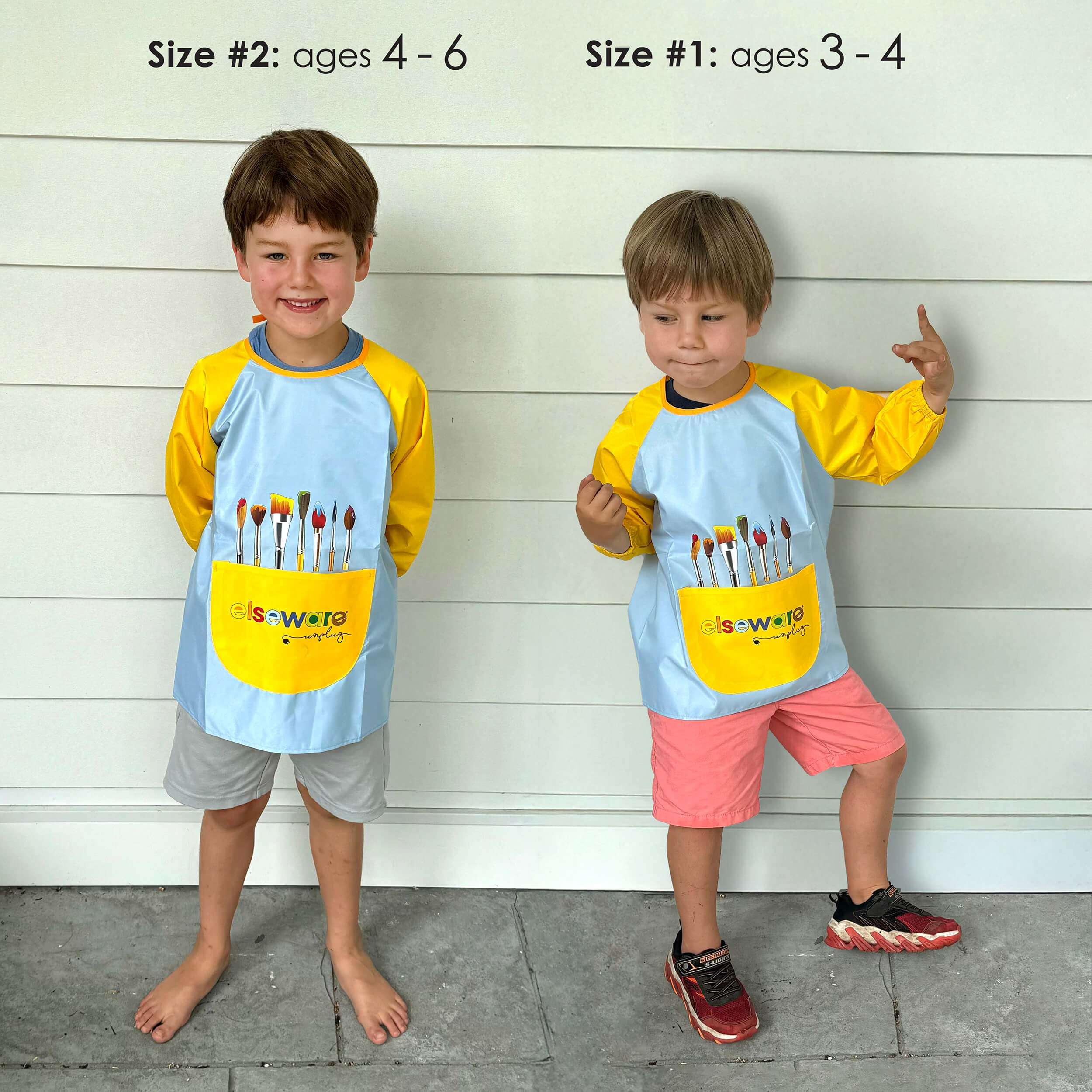 Kids art smock with tie-back closure and built-in front pocket for brushes and crayons