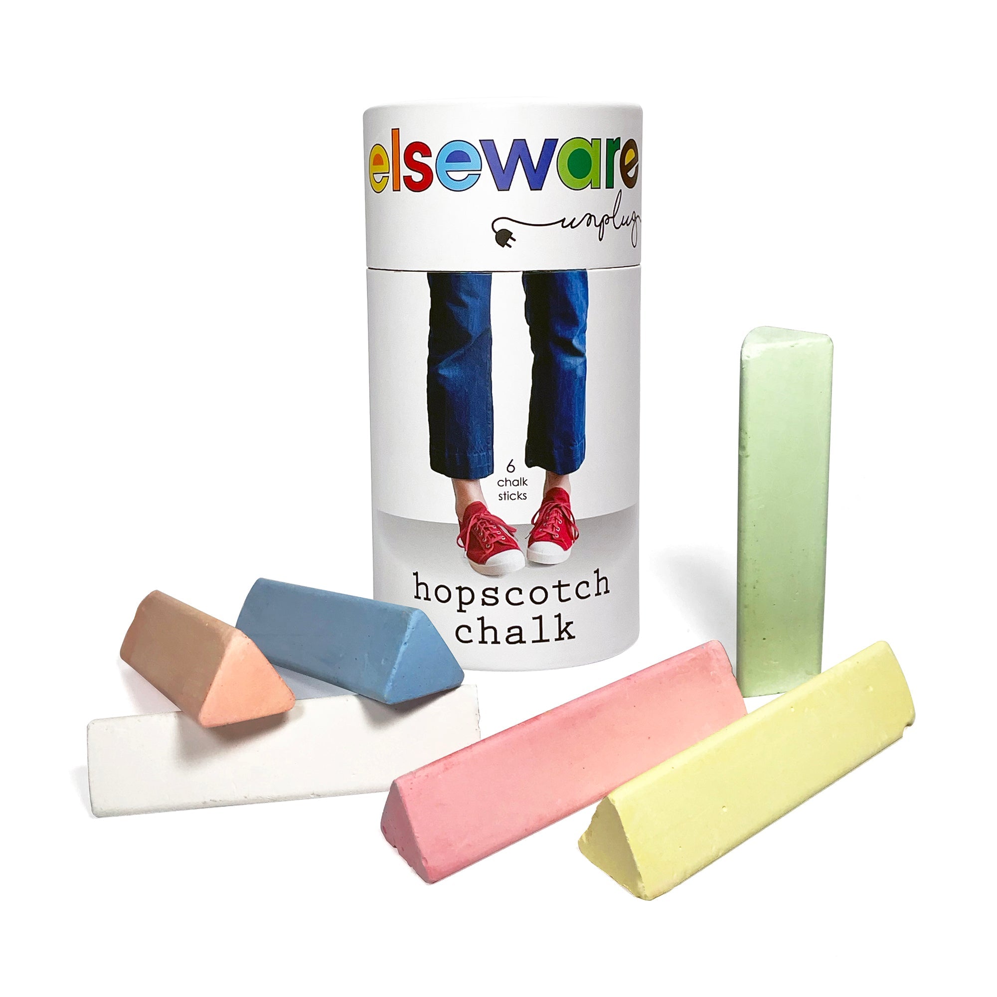 Pastel-colored hopscotch chalk with packaging labeled 'elseware' on a white background