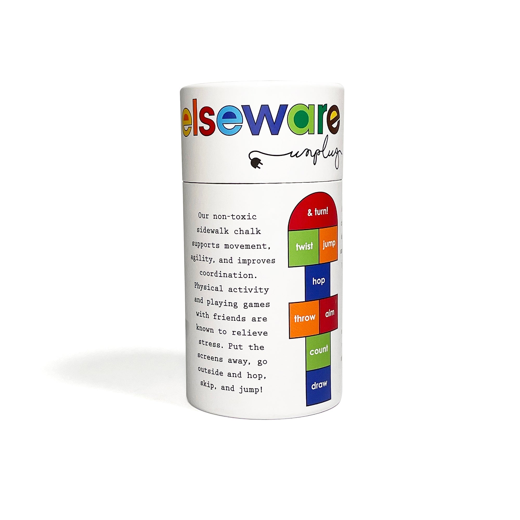White cylindrical container with colorful text and branding on a white background