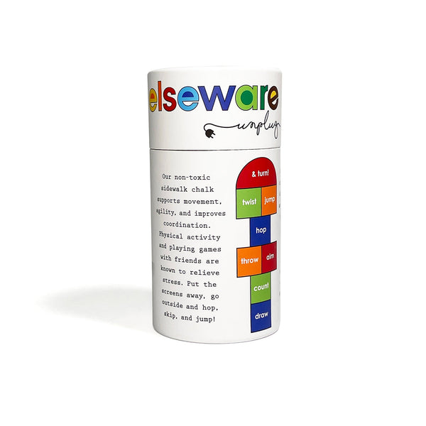 White cylindrical container with colorful text and branding on a white background