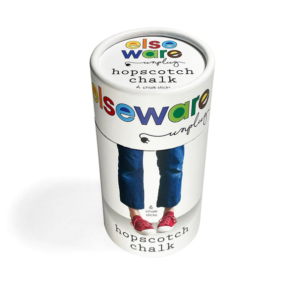 Container of else ware hopscotch chalk on a white background