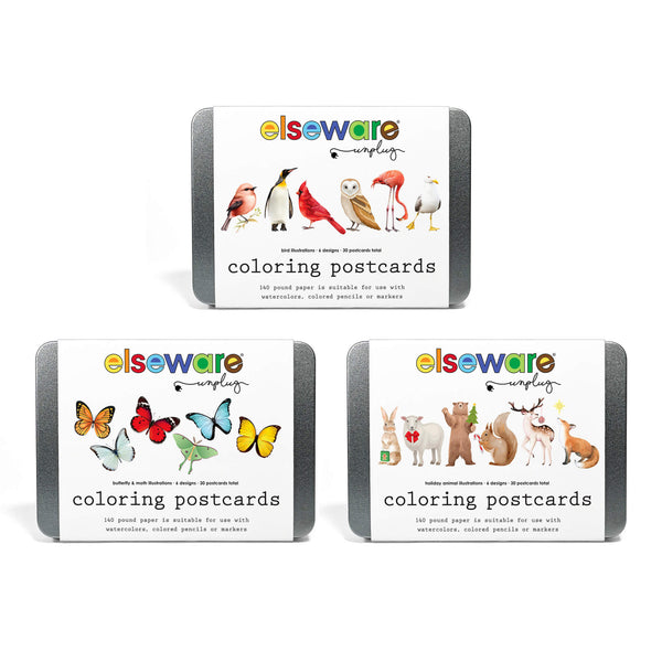 Three packages of elseware coloring postcards on a white background