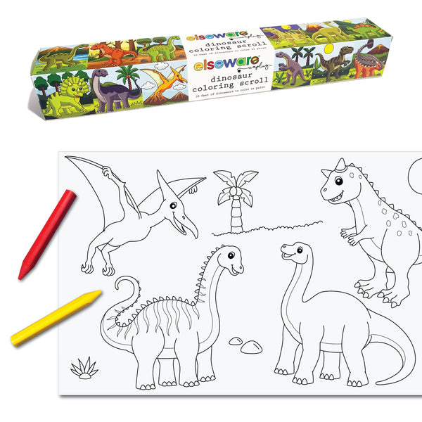 Dinosaur coloring scroll with coloring book, markers, and elswear branding.