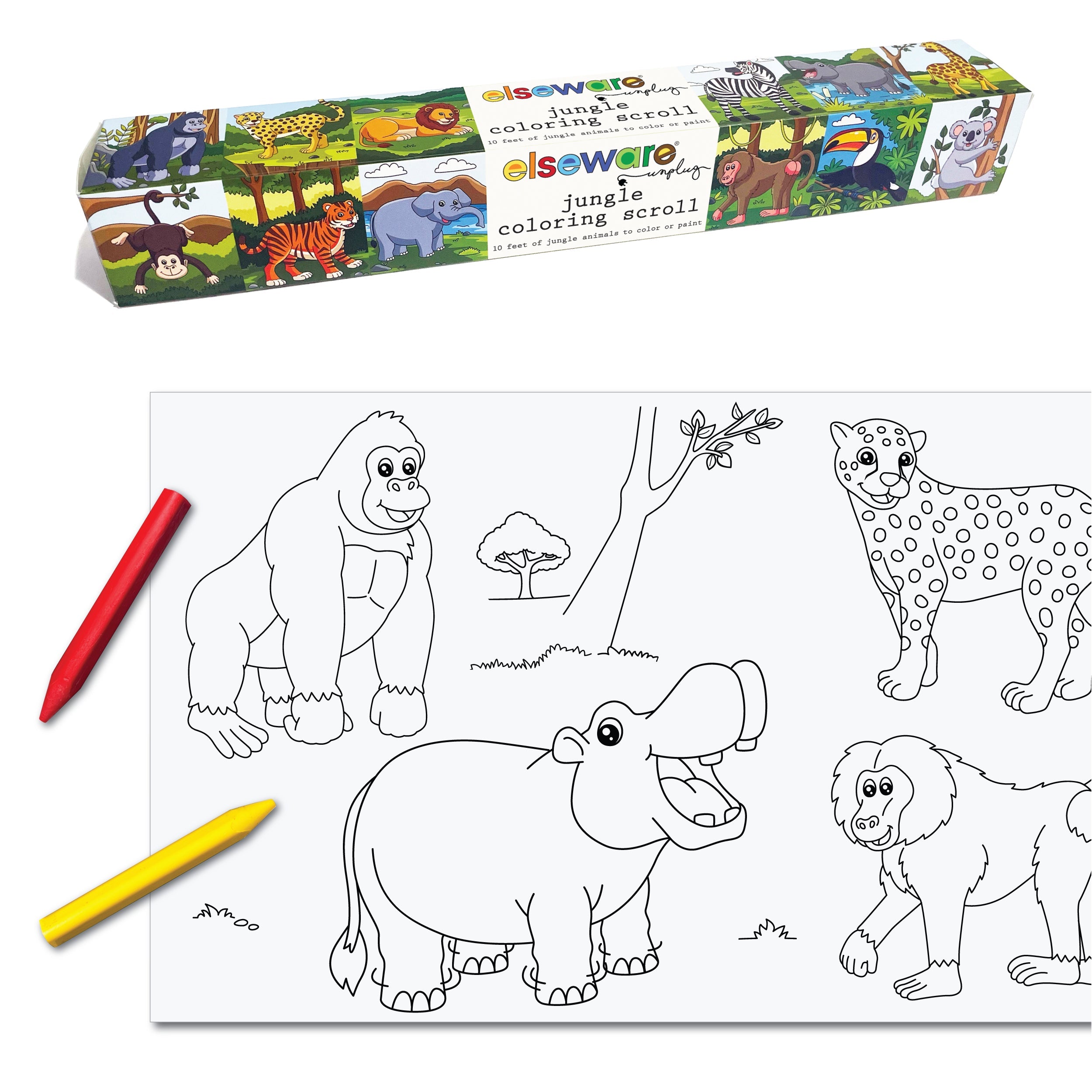 Coloring scroll with jungle animals and coloring book with red and yellow crayons.