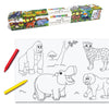 Coloring scroll with jungle animals and coloring book with red and yellow crayons.