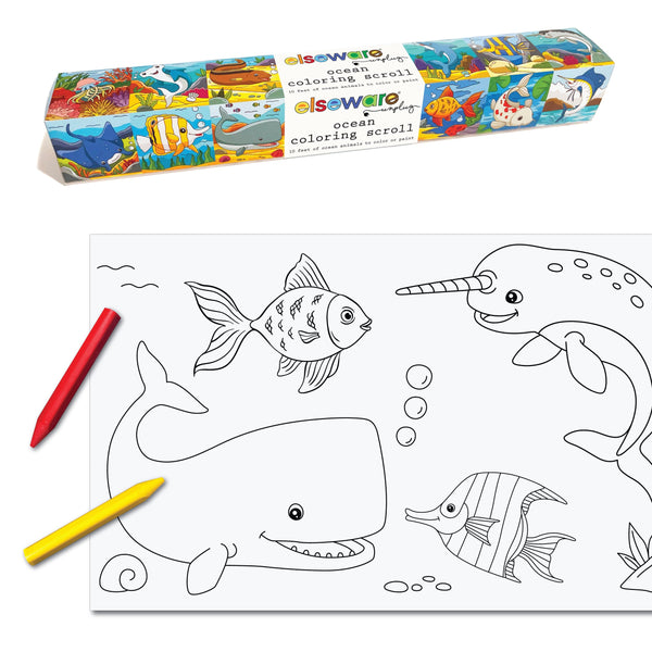 Coloring scroll with ocean-themed designs, coloring paper, and markers on a white background