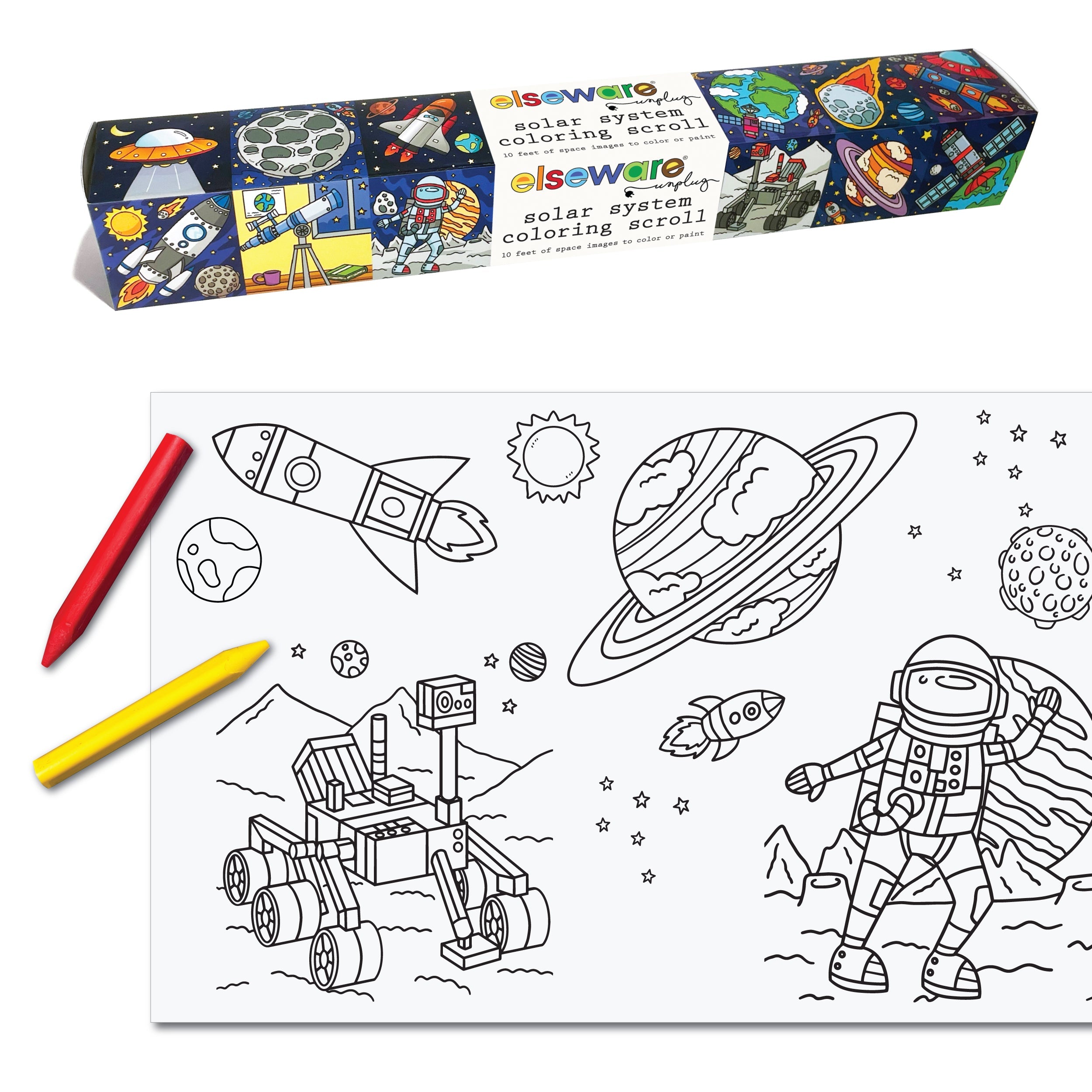 Coloring scroll with space-themed illustrations and markers on a white background