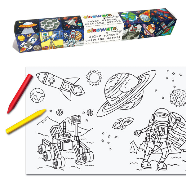 Coloring scroll with space-themed illustrations and markers on a white background