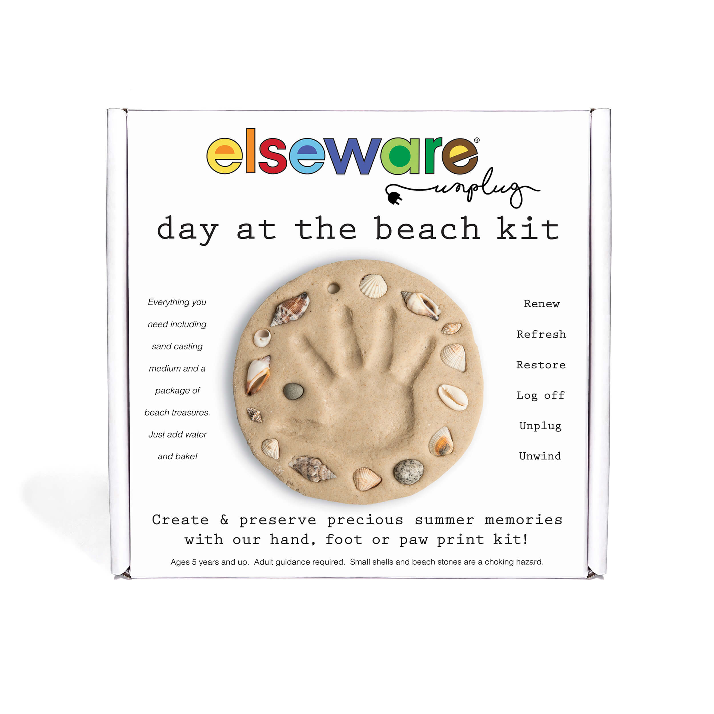 elseware day at the beach kit packaging with sand art and hand print on a white background