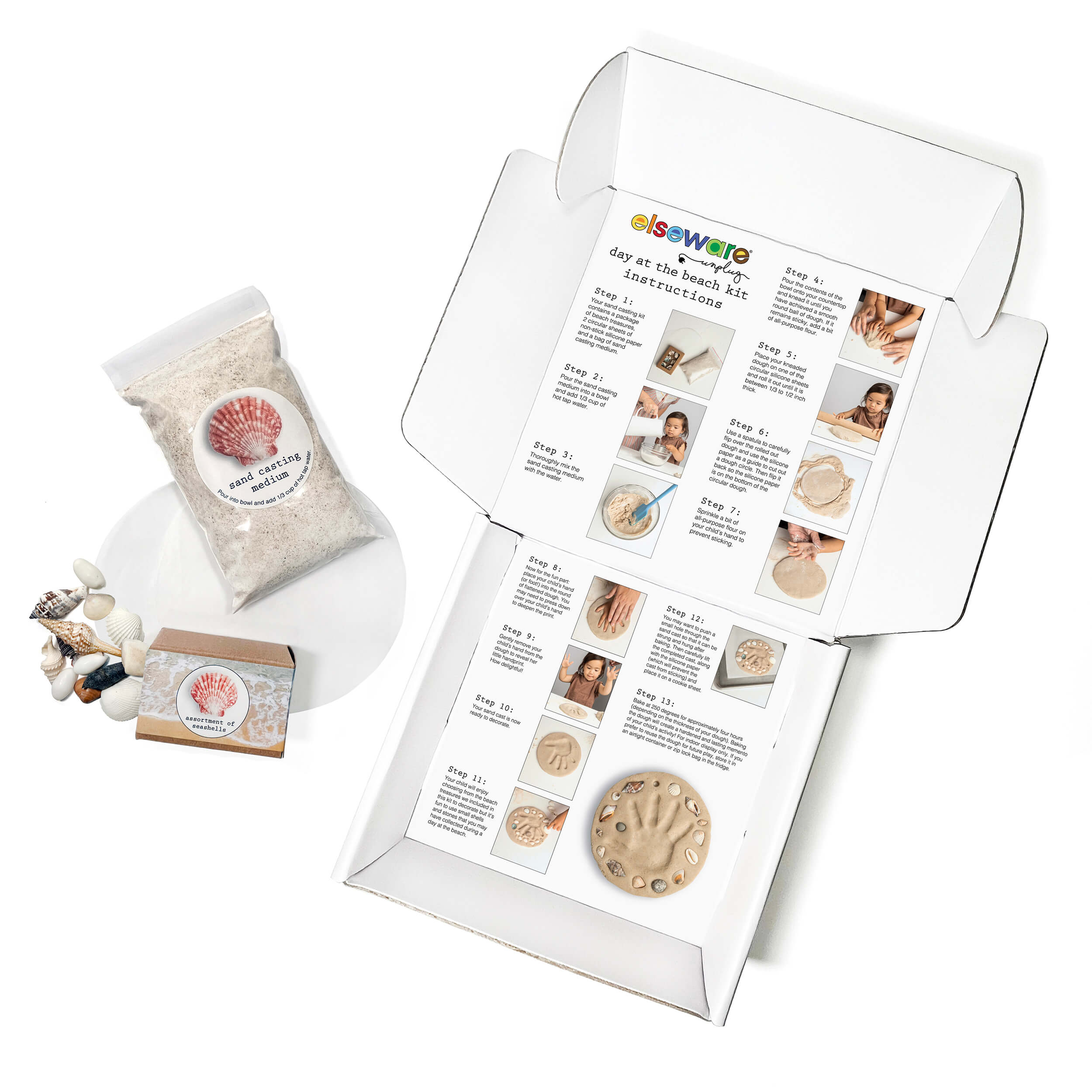 Kit with sand, mold, and instructions on a white background