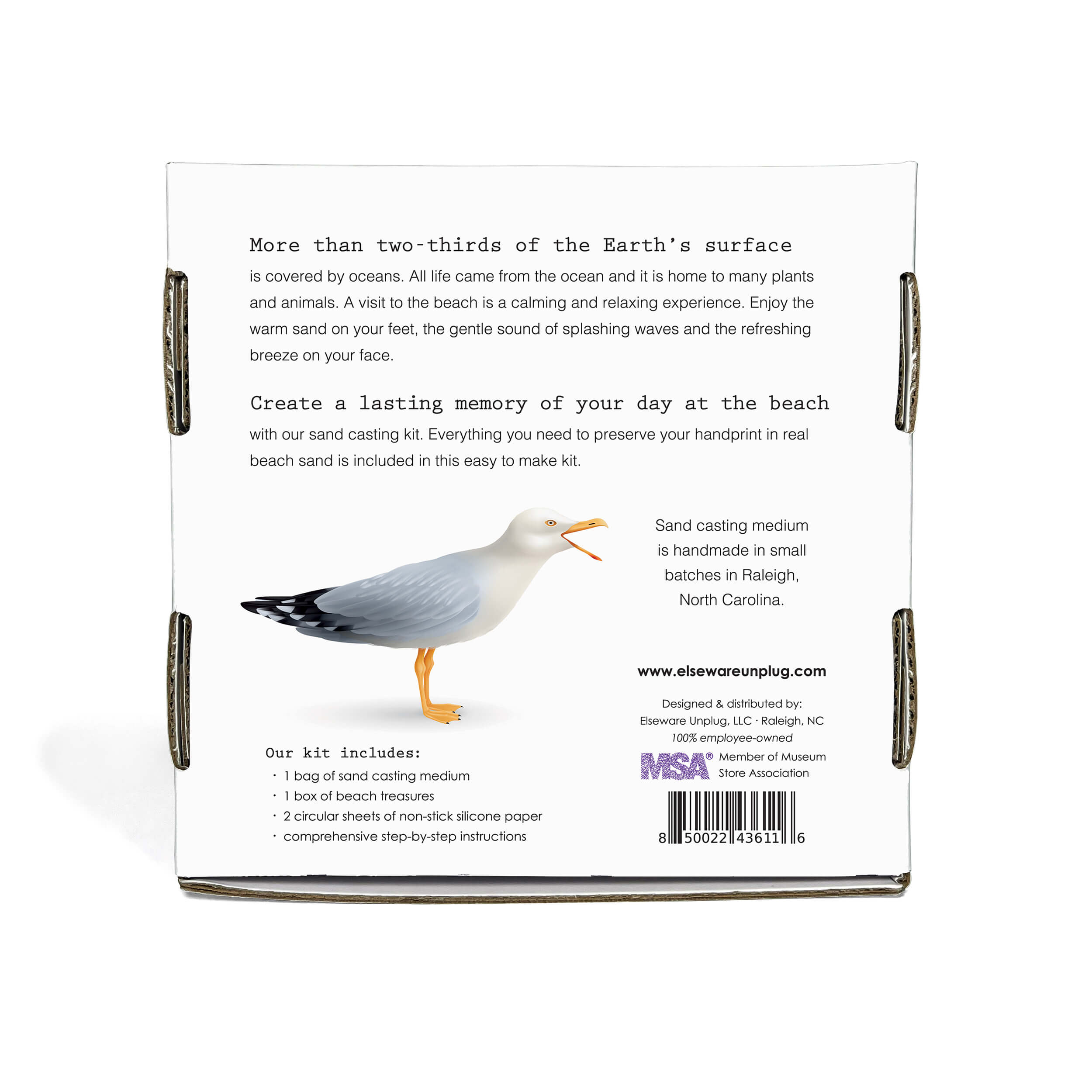 Back of a sand casting kit packaging with a seagull illustration and text.