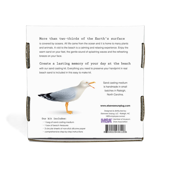 Back of a sand casting kit packaging with a seagull illustration and text.