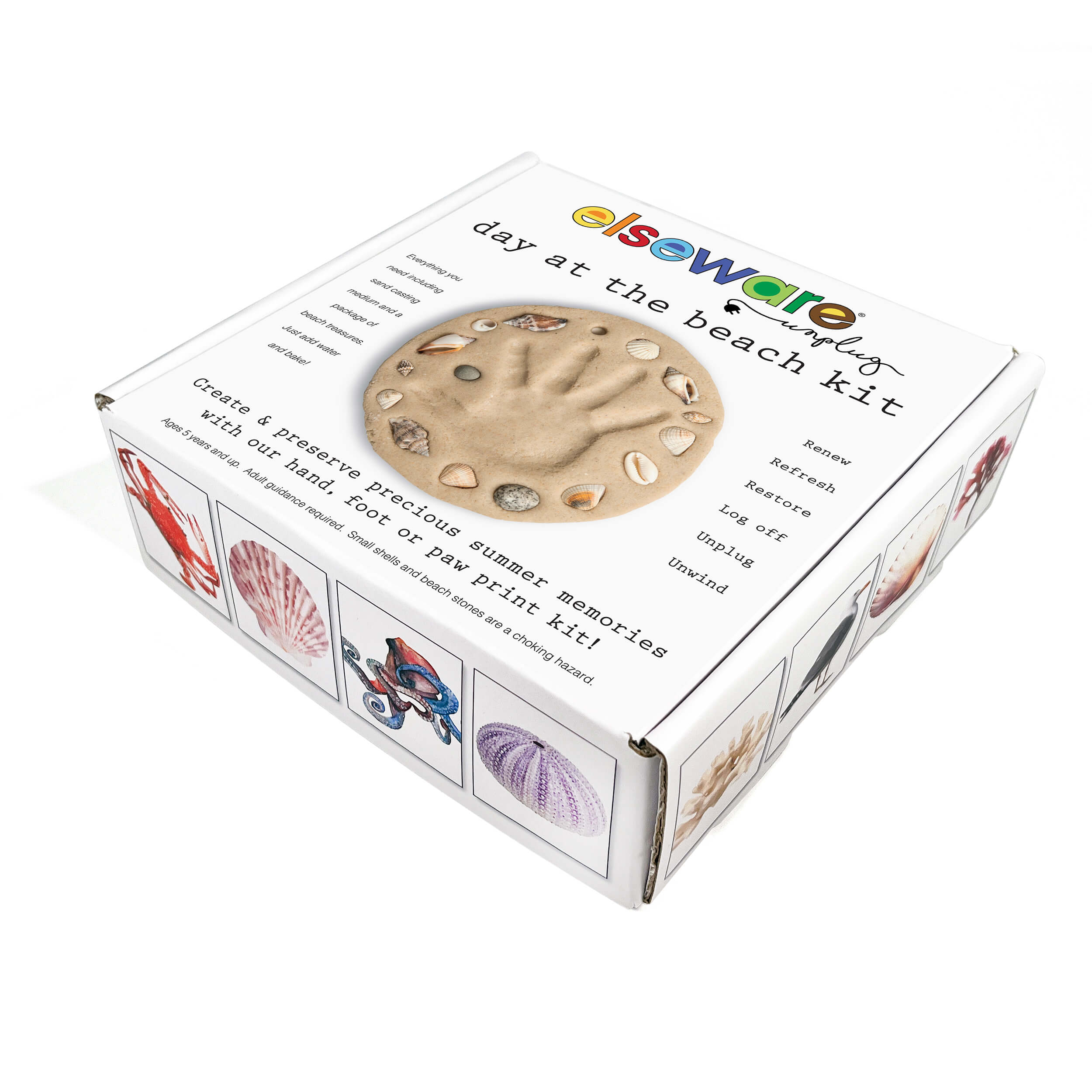 Box for a 'Day at the Beach' kit with hand and footprint design, featuring the brand 'elsewhere'.
