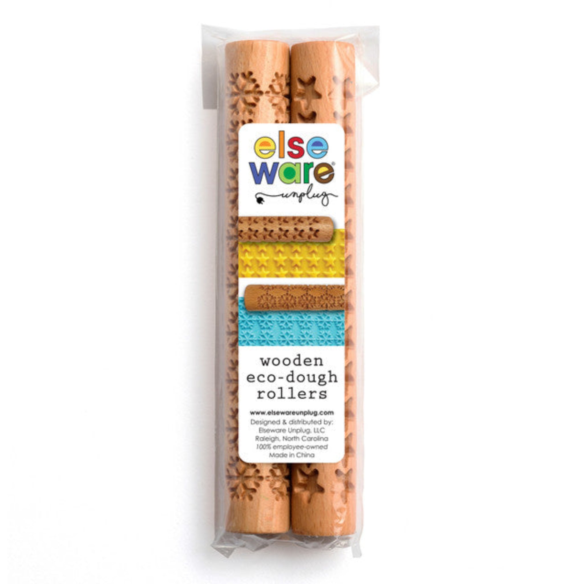 Packaged wooden eco-dough rollers with 'else ware' branding on a white background