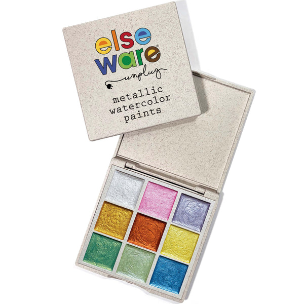 Metallic watercolors set with 9 pearlescent shades in an eco-friendly wheat straw bioplastic palette