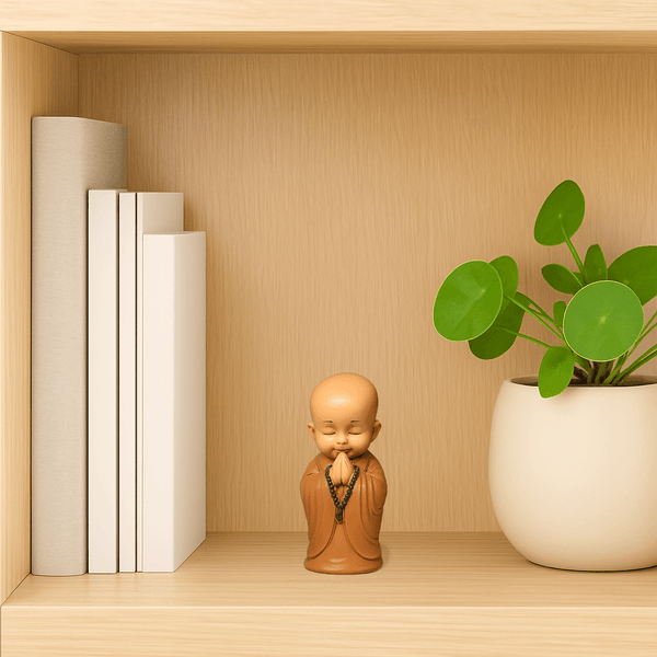 3 Little Monks mindfulness figurines styled in a calming lifestyle home setting