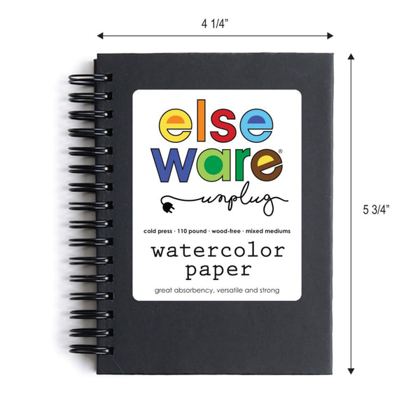 Black watercolor paper pad with colorful 'else ware' branding and dimensions on a white background