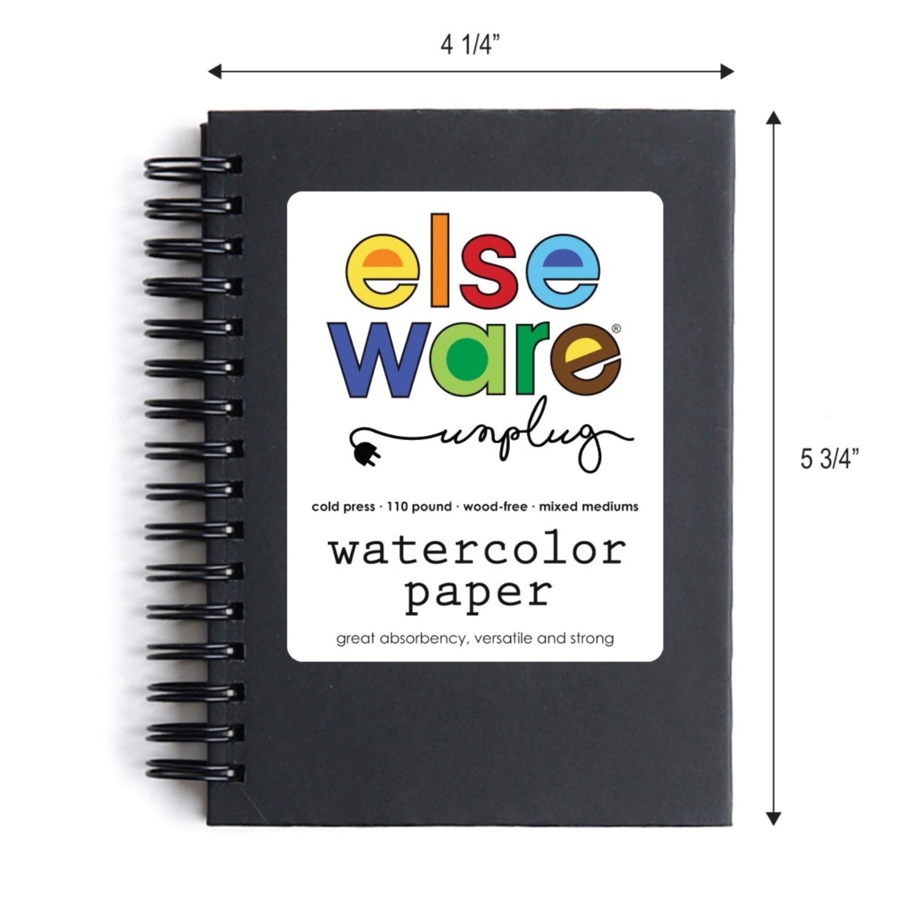 Black watercolor paper pad with colorful 'else ware' branding and dimensions on a white background