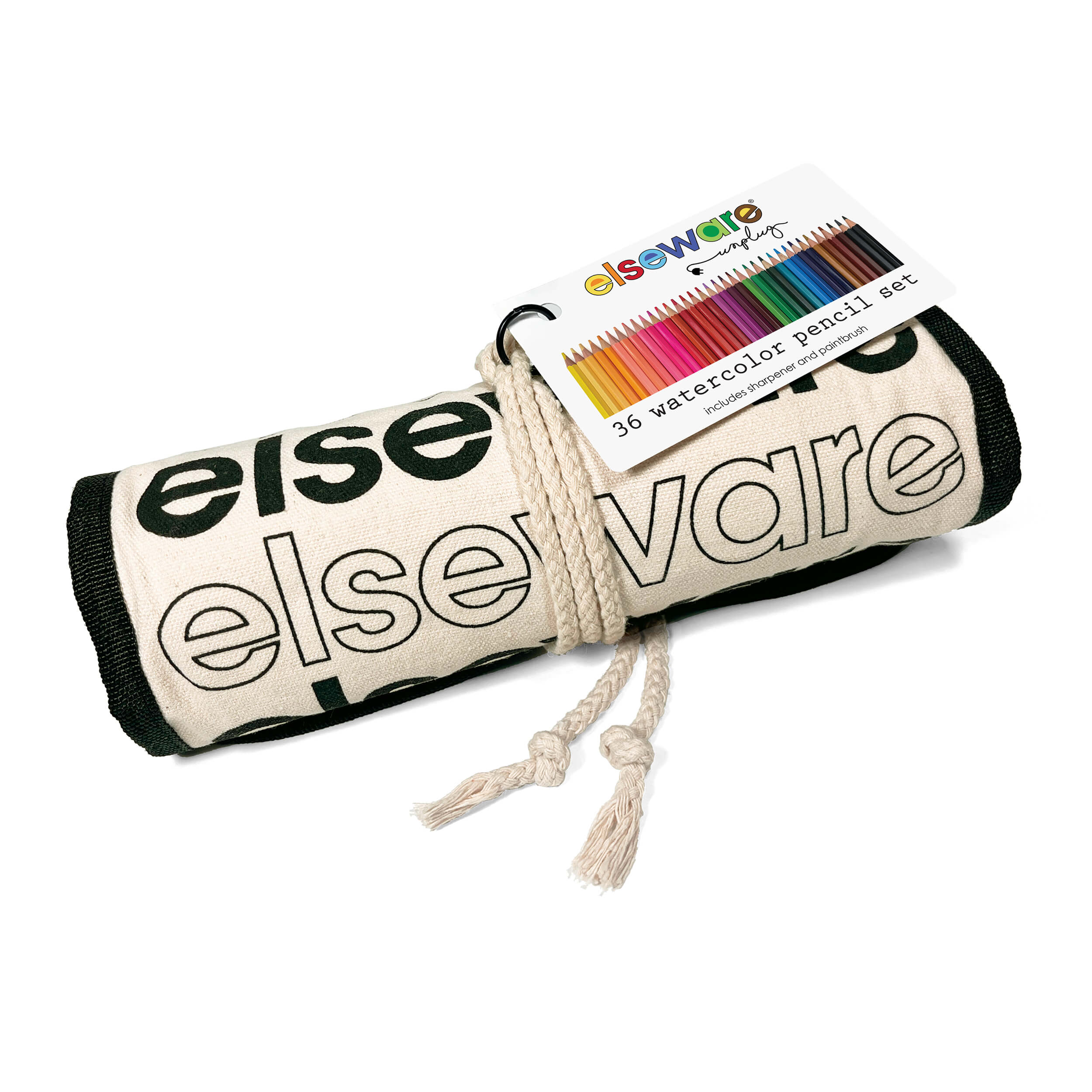 Watercolor pencils set with sharpener and paintbrush displayed beside open canvas roll-up case