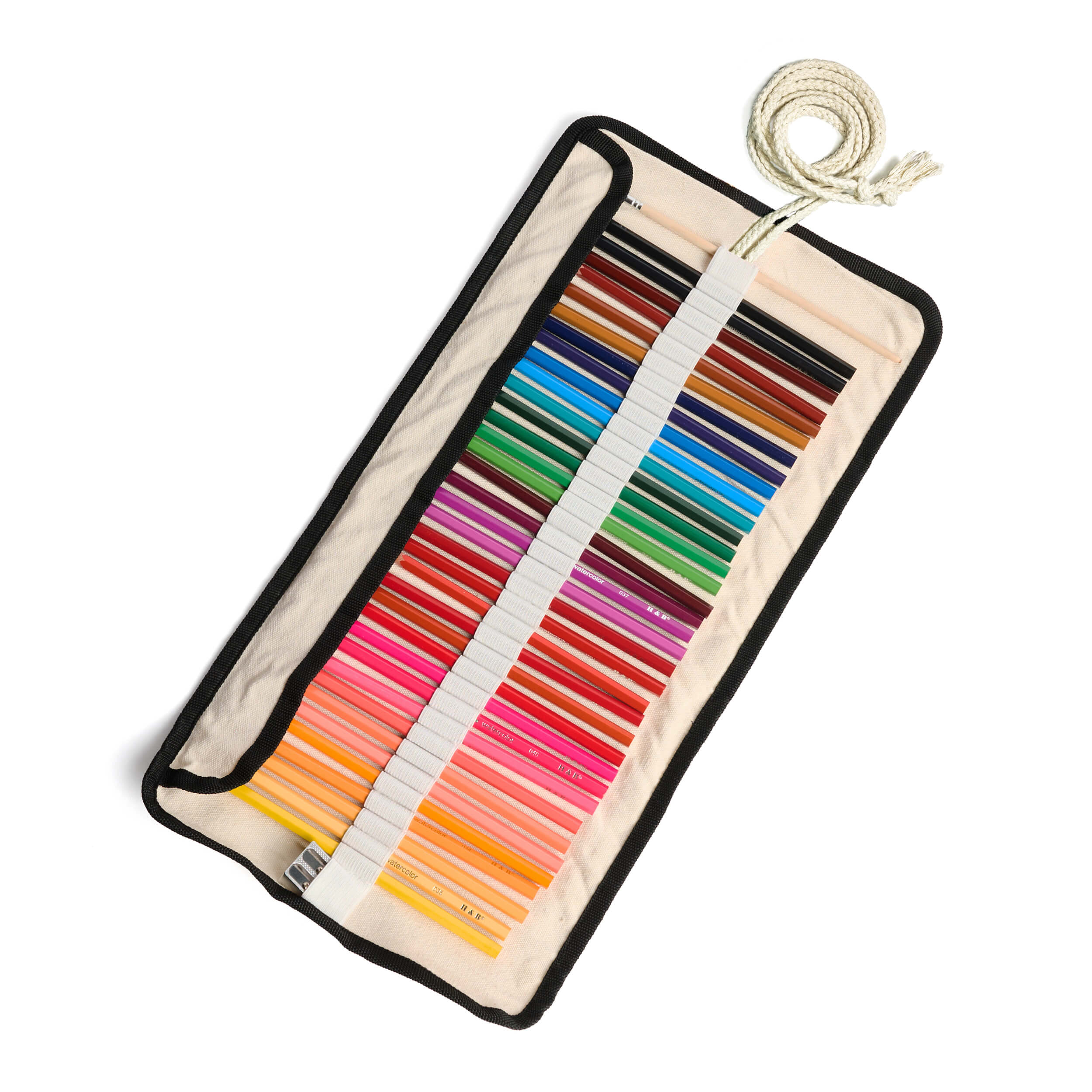 Watercolor pencils canvas roll-up case closed and tied, ready for travel or gifting