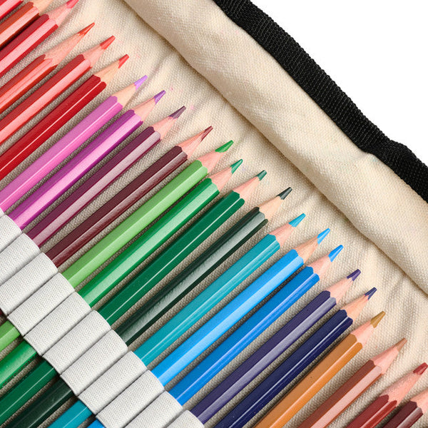 Watercolor pencils laid out from canvas roll-up case showing full set of 36 colors
