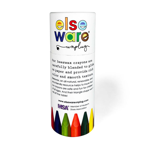 Else Ware beeswax crayon container with colorful crayons on a white background