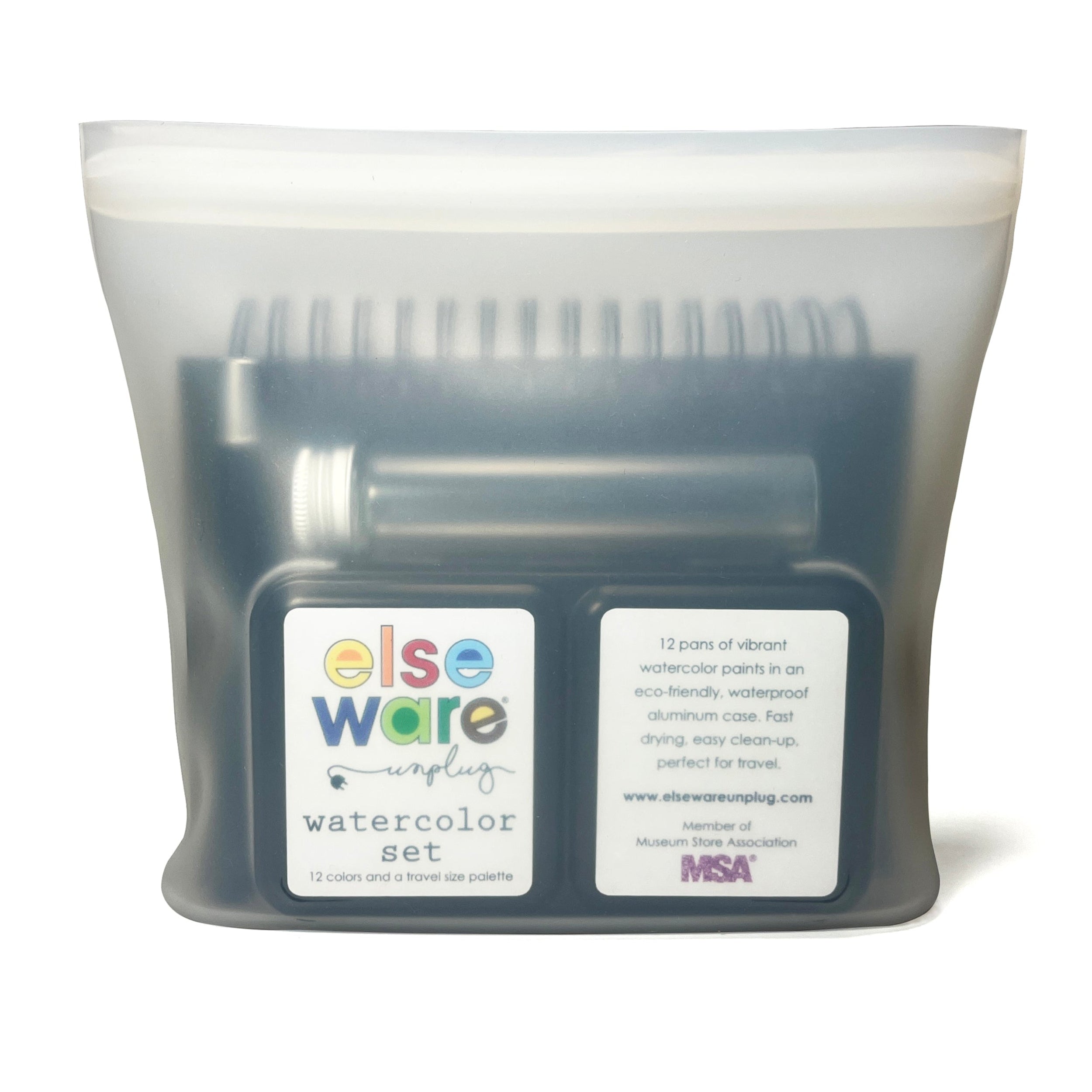 Watercolors To-Go Kit with 12-color metal pan case, collapsible brush, watercolor pad, water vial, and reusable silicone bag