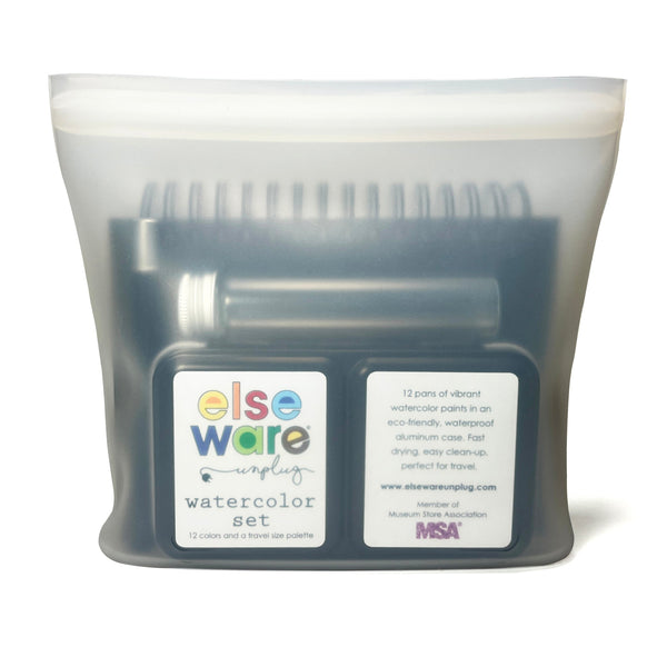 Watercolors To-Go Kit with 12-color metal pan case, collapsible brush, watercolor pad, water vial, and reusable silicone bag