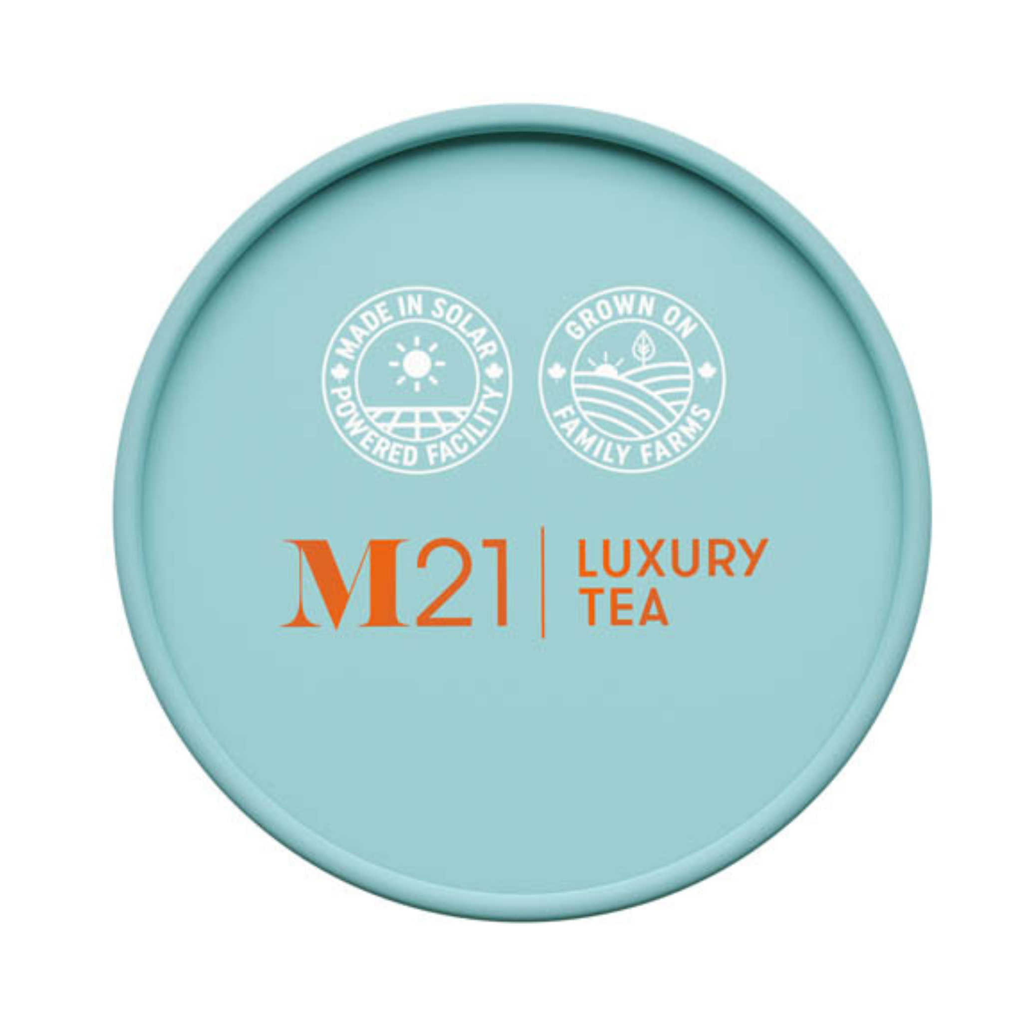 M21 Luxury Tea container lid with branding and certification logos on a light blue background