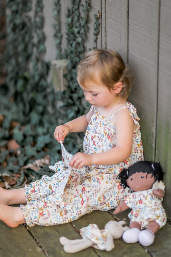 Organic Muslin Tie Shoulder Jumpsuit for Babies – Earthtone Floral