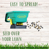 Green lawn seed spreader with text on a wooden background