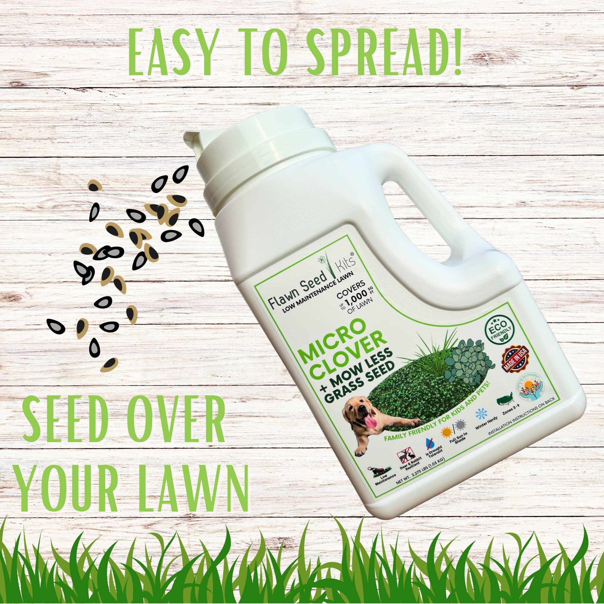 Lawn seed container with seeds and grass on a wooden background