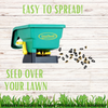 Green lawn seed spreader with text on a wooden background