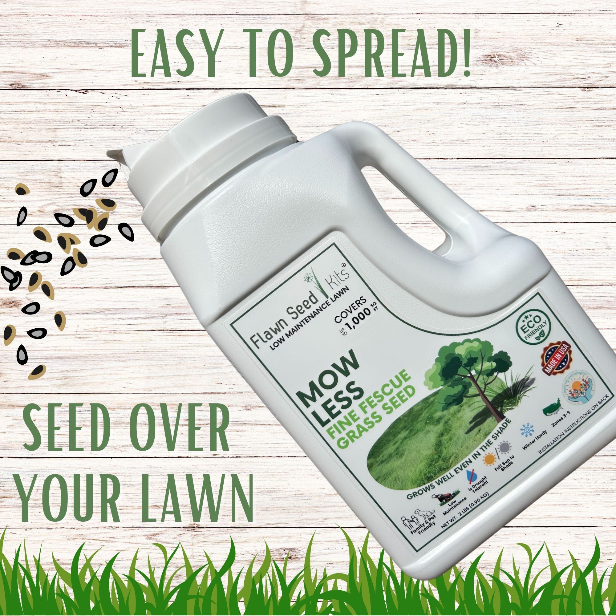 Flawn Seed & Fertilizer bottle with grass seeds on a wooden background