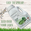 Flawn Seed & Fertilizer bottle with grass seeds on a wooden background