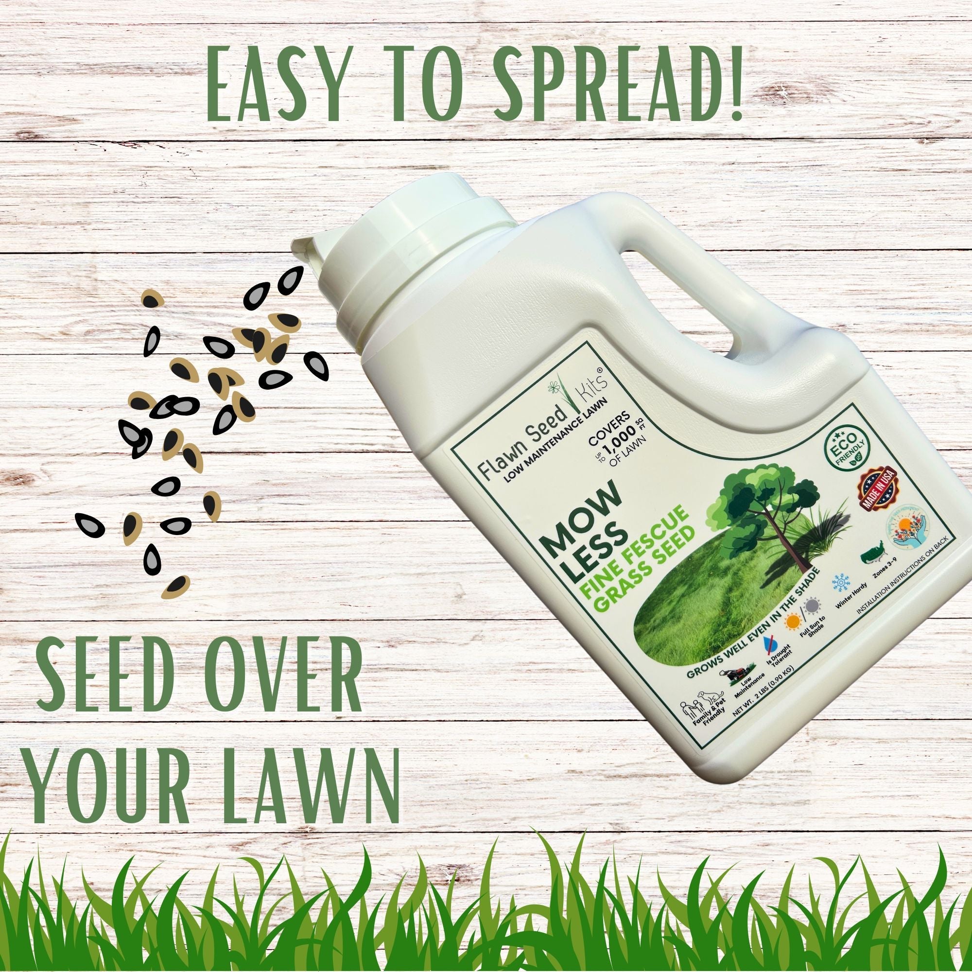 Container of lawn seed with text 'Easy to spread! Seed over your lawn' on a wooden background. Get a beautiful, low-maintenance lawn with our Mow Less Grass Seed blend. This non-GMO, drought-tolerant and kid-friendly fine fescue mix reduces mowing and is perfect for an eco-friendly yard.