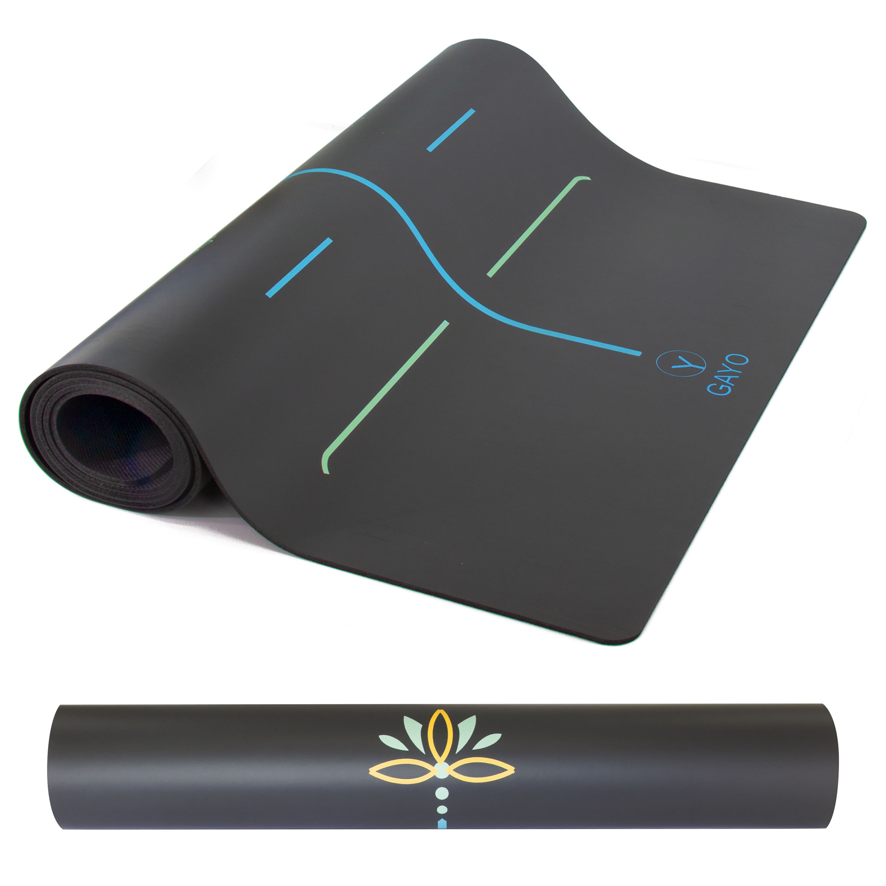 Black yoga mat with colorful designs and brand logo on a white background