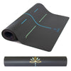 Black yoga mat with colorful designs and brand logo on a white background