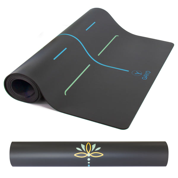 Black yoga mat with colorful designs and brand logo on a white background