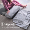 Person using a yoga bolster on a mat with text 'Designed to fit your yoga routines'.