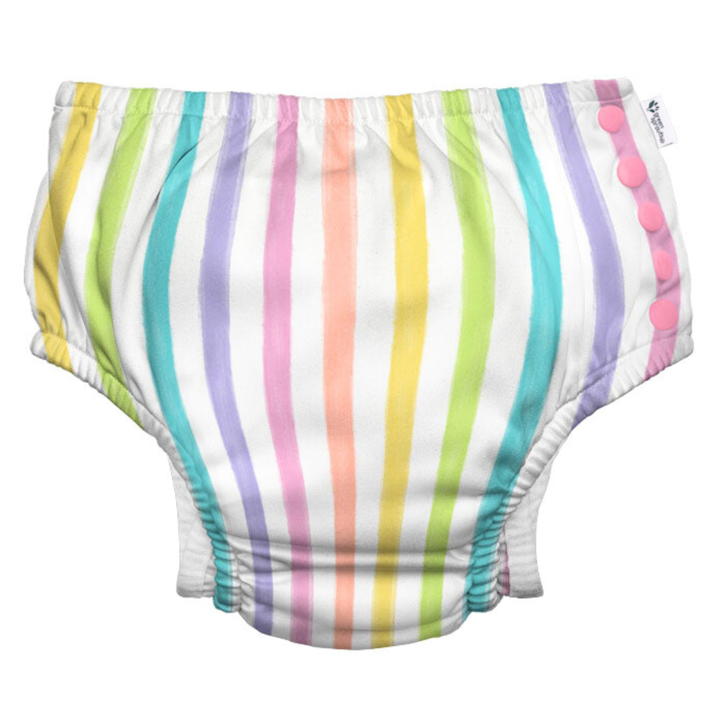 Eco Snap Swim Diaper Stripes Collection - gussets, recycled, UPF 50+, easy snaps. Stress-free swimming! Protect your baby, planet with adorable stripes. Shop now & splash worry-free!