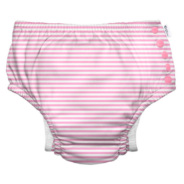 Eco Snap Swim Diaper Stripes Collection - gussets, recycled, UPF 50+, easy snaps. Stress-free swimming! Protect your baby, planet with adorable stripes. Shop now & splash worry-free!