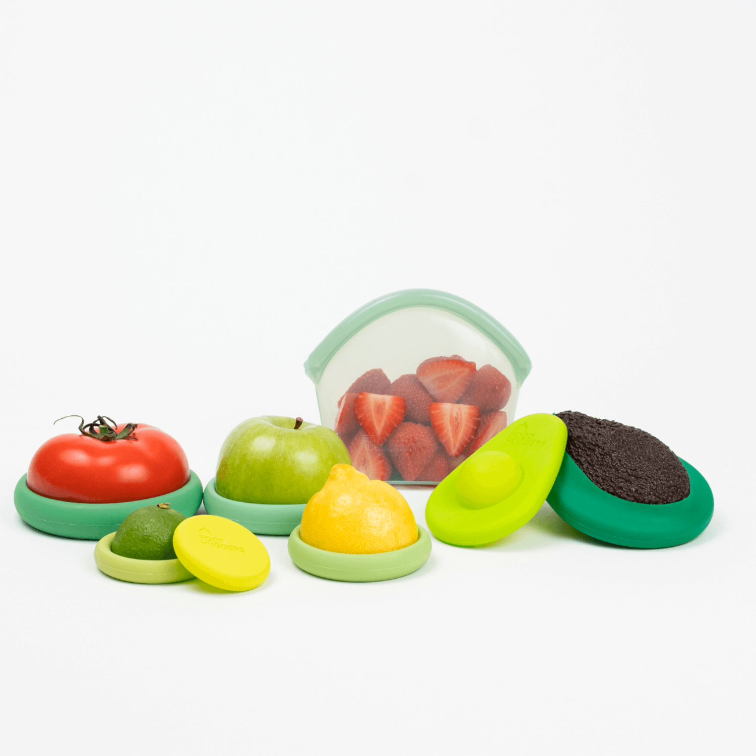 Set of colorful toy fruits and vegetables on a white background
