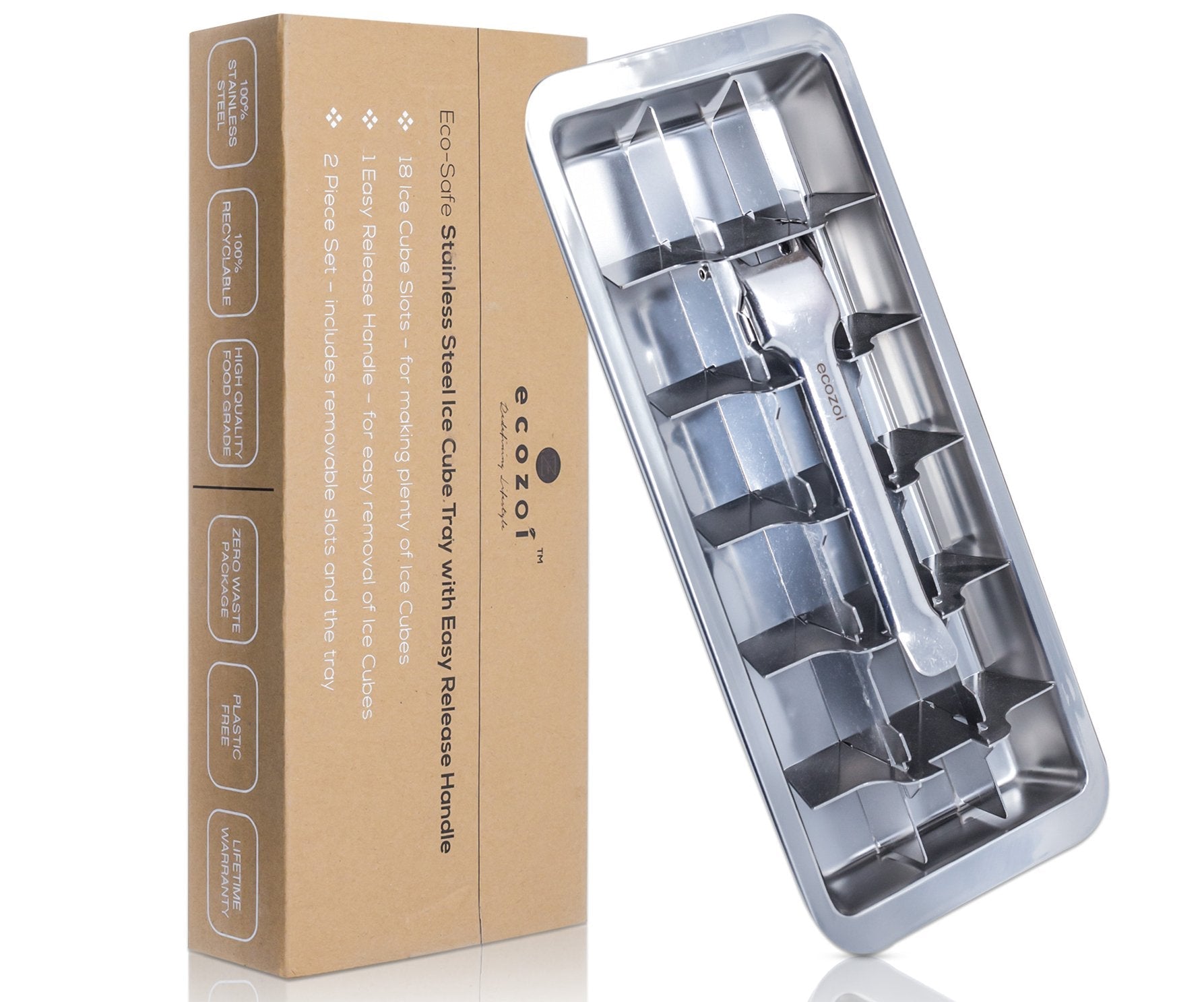 Ecozoi stainless steel ice cube tray with easy release handle on a kitchen counter