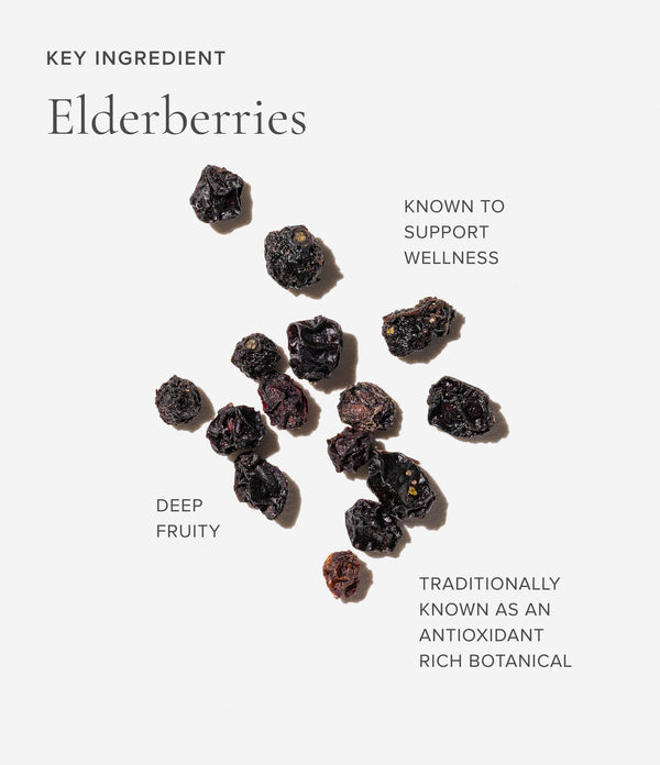 Dried elderberries on a white background with text about their wellness benefits.